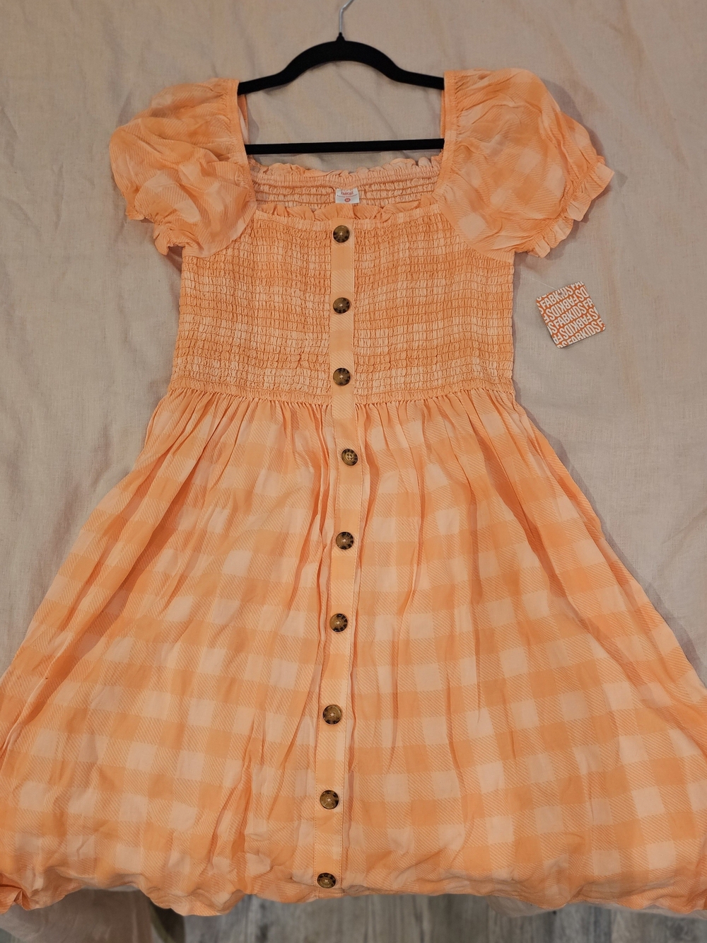 fabkids Peach Gingham Puff-Sleeve Midi Dress